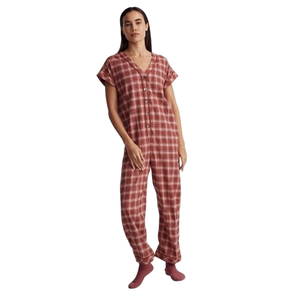 Madewell | Women's One Piece Short Sleeve Plaid Sleep Jumpsuit (Size XXL)
